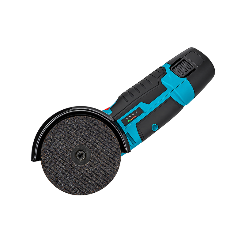 Compact teal-and-black angle grinder with ridged grip and black disc guard, side view.