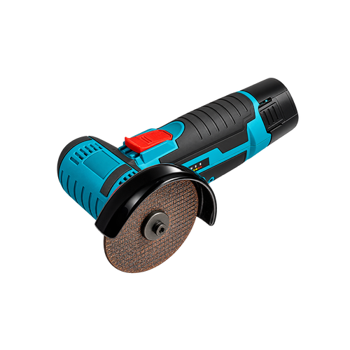 Angled view of compact teal-and-black angle grinder showing red top-mounted switch and guarded abrasive disc.
