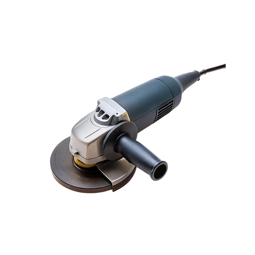 Blue-grey corded angle grinder with silver gear head, black side handle, abrasive disc, and partial metal guard.