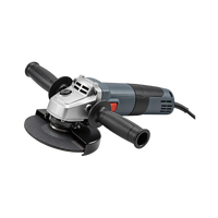 Grey-and-black corded angle grinder with silver gear housing, twin black side handles, red side switch, and guarded abrasive disc.