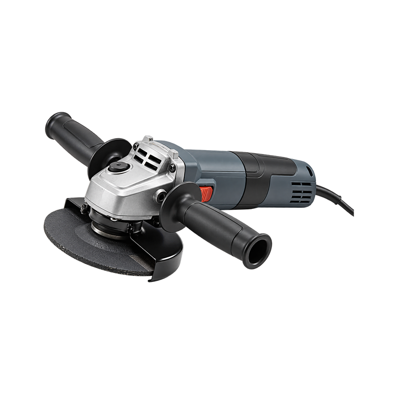 Grey-and-black corded angle grinder with silver gear housing, twin black side handles, red side switch, and guarded abrasive disc.