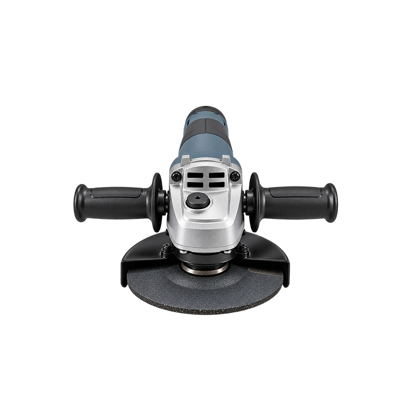 Front view of grey angle grinder showing black handles on both sides, silver gear housing, and partially guarded abrasive disc.