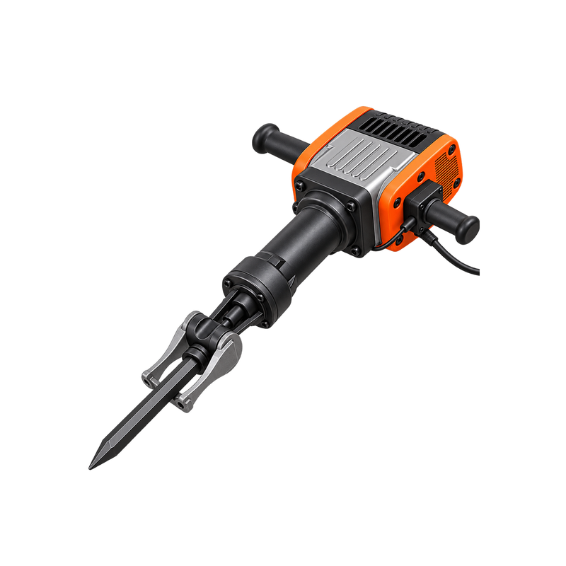 Alternate angled view of orange-and-black corded demolition hammer showing handle assembly, vented housing, and pointed chisel.