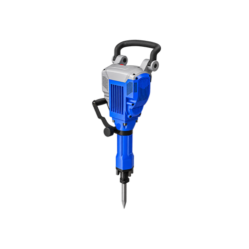 Upright view of blue-and-silver demolition hammer with black main handle, auxiliary handle, and pointed chisel.