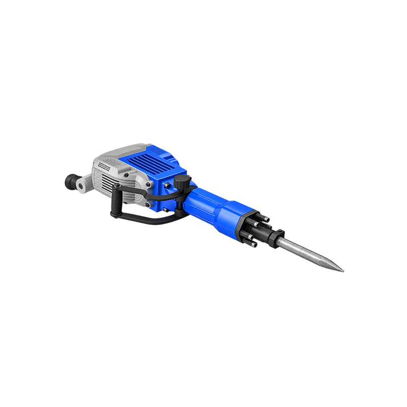 Angled view of blue-and-silver demolition hammer showing vented housing, black auxiliary handle, and pointed chisel assembly.