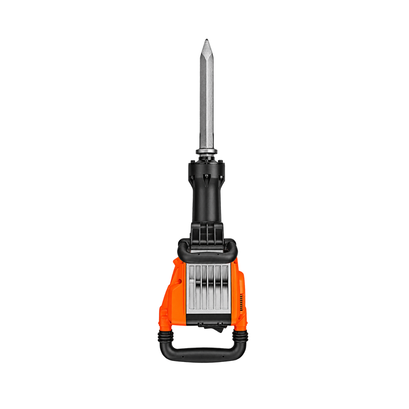 Full-length view of orange-and-silver demolition hammer with rear loop handle, auxiliary handle, and pointed chisel fitted.