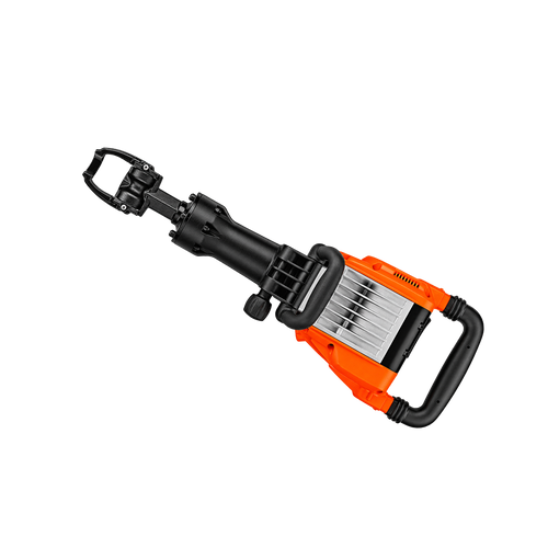 Angled view of orange-and-silver demolition hammer showing black handles and front attachment assembly without the long chisel.