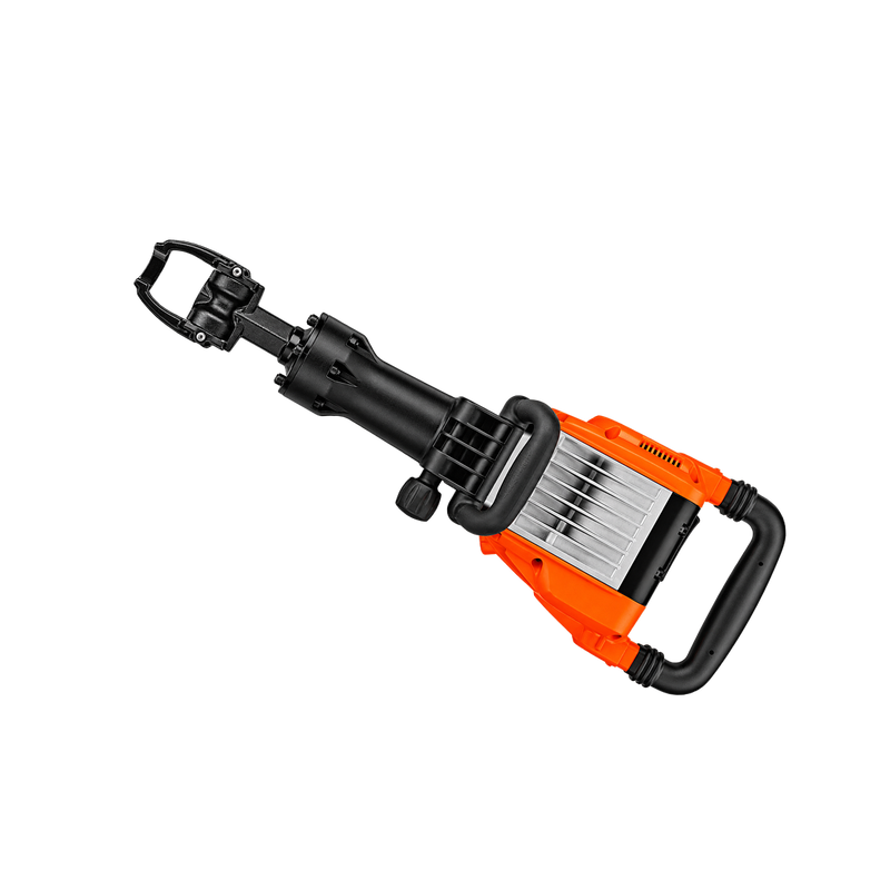 Angled view of orange-and-silver demolition hammer showing black handles and front attachment assembly without the long chisel.