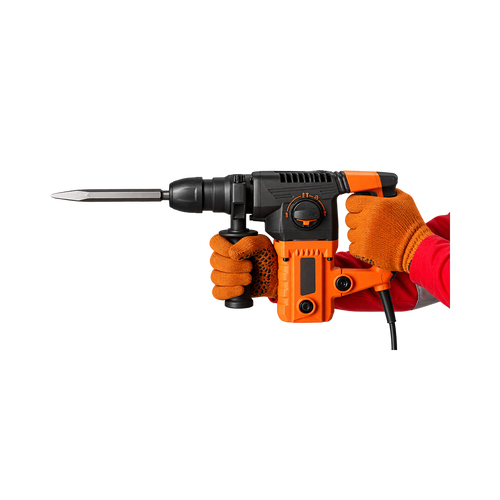 Orange-and-black corded chipping hammer held by gloved hands, with auxiliary grip, selector dial, and flat chisel pointing left.