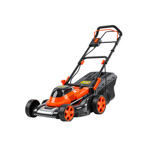 Orange-and-black walk-behind lawn mower with grey deck, upright handle, orange wheel details, and rear grass collector.