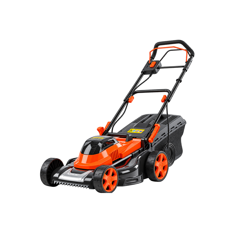 Orange-and-black walk-behind lawn mower with grey deck, upright handle, orange wheel details, and rear grass collector.