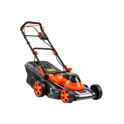 Alternate view of orange-and-black lawn mower showing handle-mounted controls, wheels, and rear grass collection box.