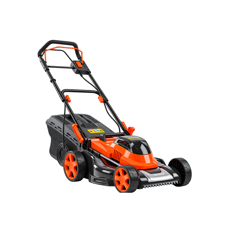 Alternate view of orange-and-black lawn mower showing handle-mounted controls, wheels, and rear grass collection box.