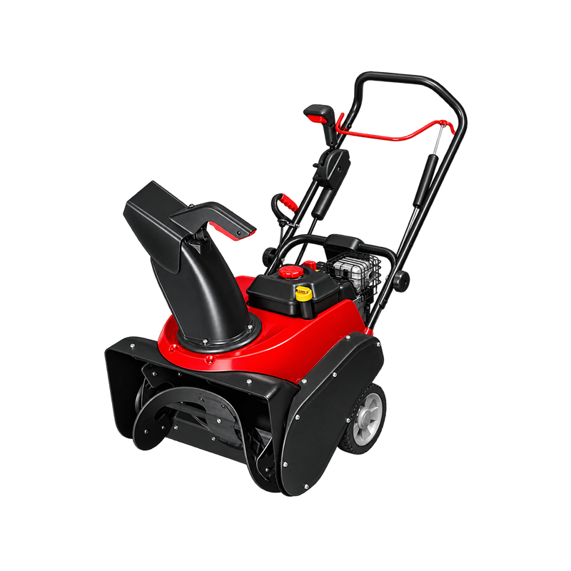 Red-and-black walk-behind snow blower showing front auger, raised discharge chute, rear wheels, and upright handle.