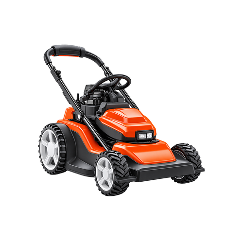 Orange-and-black lawn mower with large rear wheels, treaded tyres, silver-coloured wheel centres, and raised rear handle.