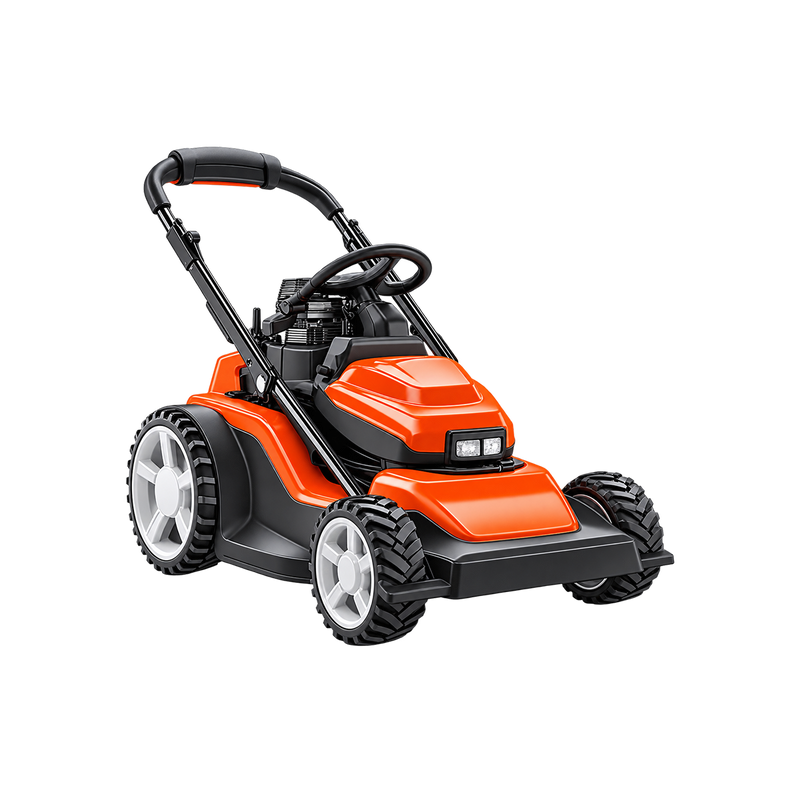 Orange-and-black lawn mower with large rear wheels, treaded tyres, silver-coloured wheel centres, and raised rear handle.