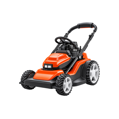 Alternate front view of orange-and-black lawn mower showing smaller front wheels, larger rear wheels, and black deck.