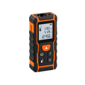 Orange-and-black digital laser distance meter with multi-line screen and front button controls, angled view.