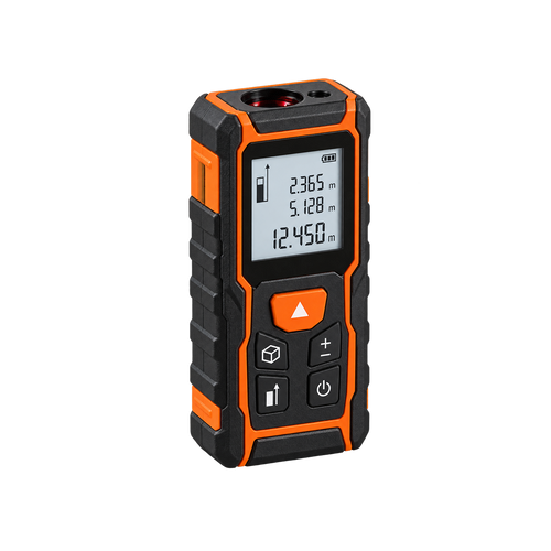 Orange-and-black digital laser distance meter with multi-line screen and front button controls, angled view.