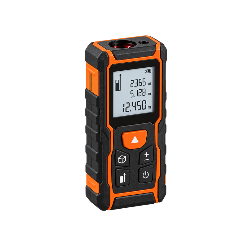 Orange-and-black digital laser distance meter with multi-line screen and front button controls, angled view.