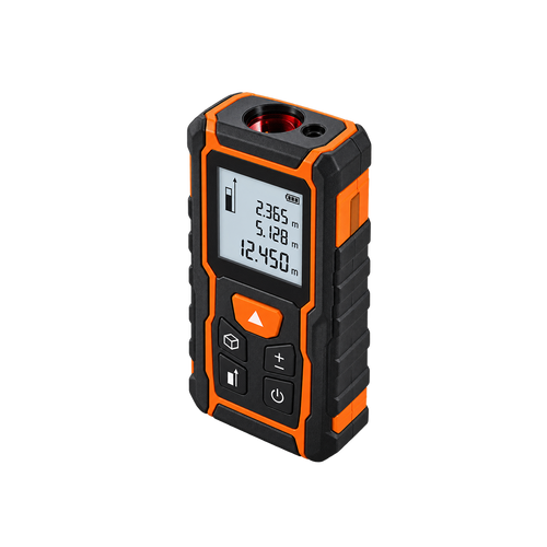 Alternate view of digital laser distance meter showing top optical openings and textured black side.