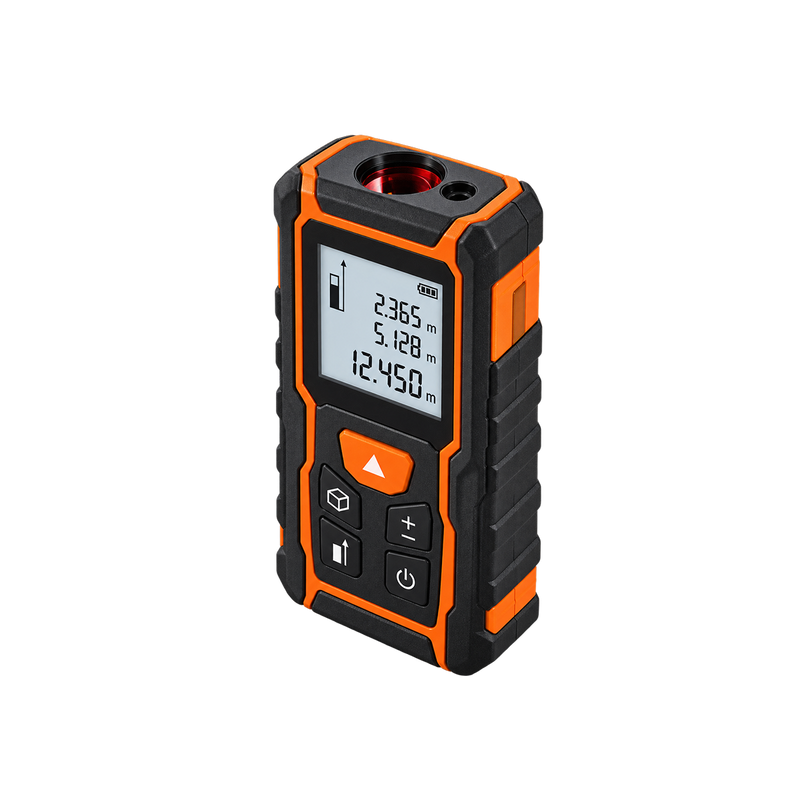Alternate view of digital laser distance meter showing top optical openings and textured black side.