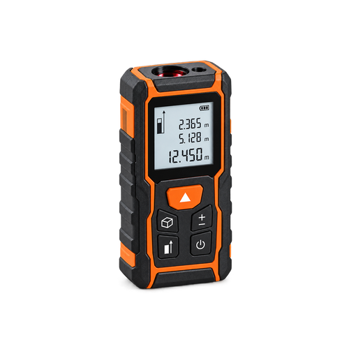 Front view of orange-and-black laser distance meter showing sample metre readings and battery indicator.