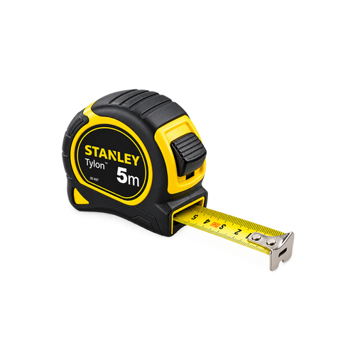 STANLEY Tylon 5m tape measure, model 30-697, with black-and-yellow case, front lock slider, yellow blade, and metal end hook.