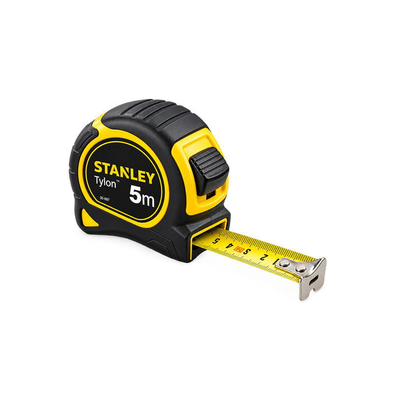 STANLEY Tylon 5m tape measure, model 30-697, with black-and-yellow case, front lock slider, yellow blade, and metal end hook.