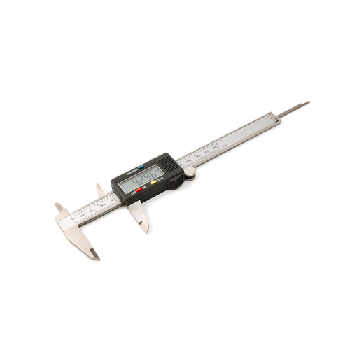 Digital caliper with silver-coloured marked beam, black LCD housing, measuring jaws, and extended depth rod.