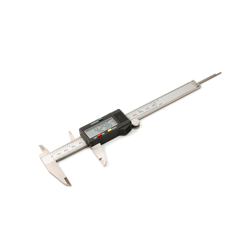 Digital caliper with silver-coloured marked beam, black LCD housing, measuring jaws, and extended depth rod.