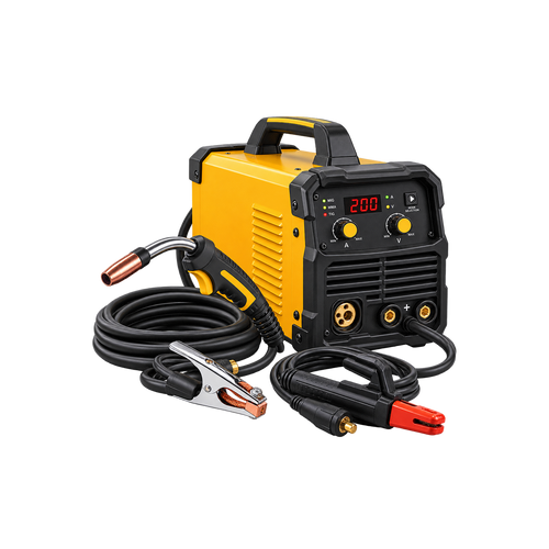 Alternate view of yellow-and-black welding machine showing front controls, side vents, and pictured welding accessories.