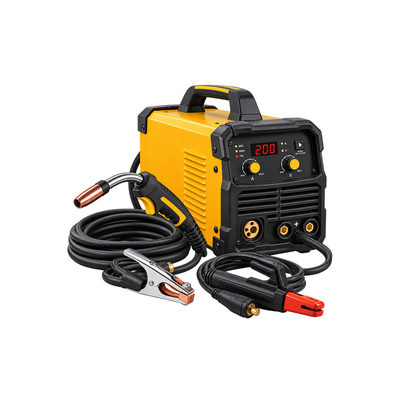 Alternate view of yellow-and-black welding machine showing front controls, side vents, and pictured welding accessories.