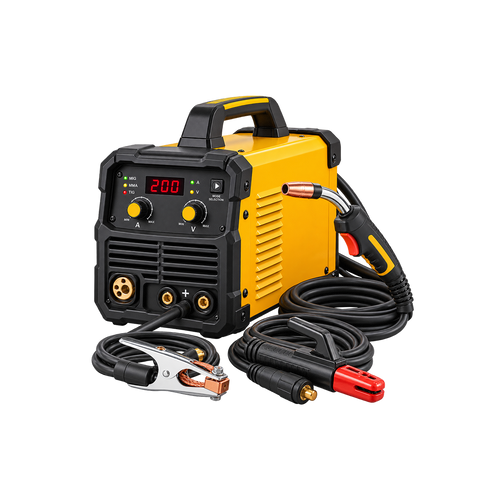 Yellow-and-black welding machine with digital display, top handle, torch, electrode holder, work clamp, and coiled leads pictured.