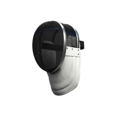 Front angled view of fencing mask with rounded black mesh face panel, silver-coloured frame, and white bib.