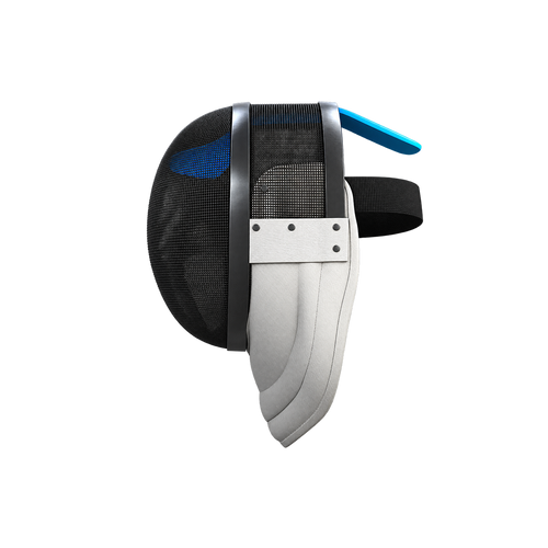 Side view of black mesh fencing mask with white bib, rear black strap, and blue support detail.