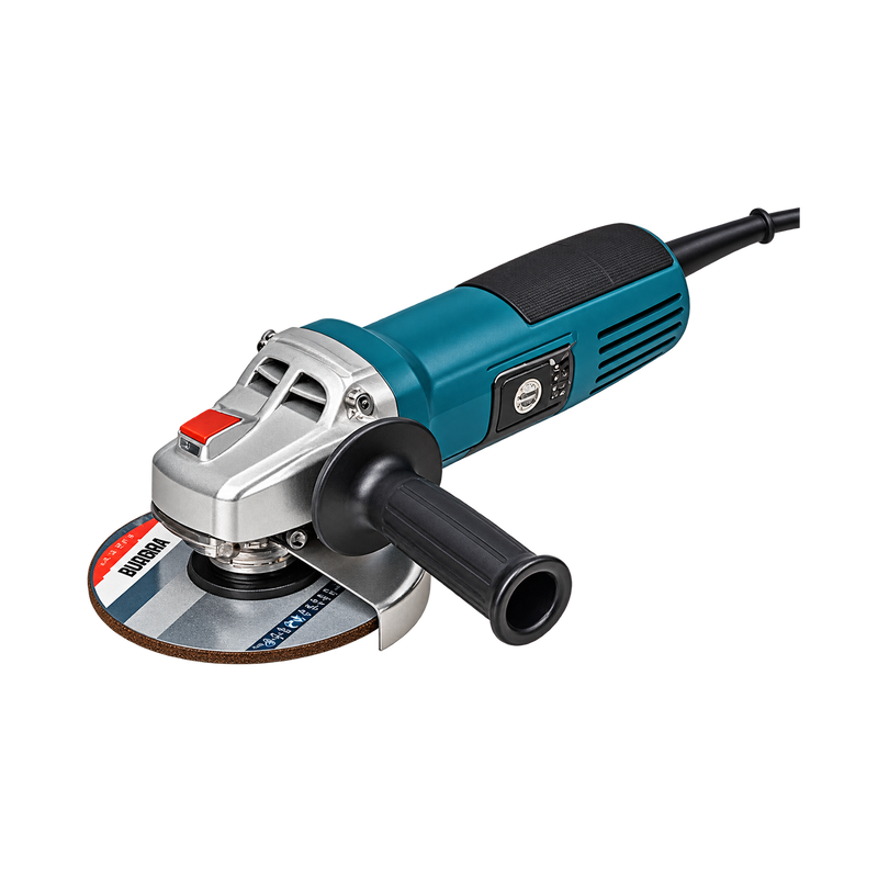 Teal-and-black corded angle grinder with silver gear housing, black side handle, abrasive disc, and metal disc guard.