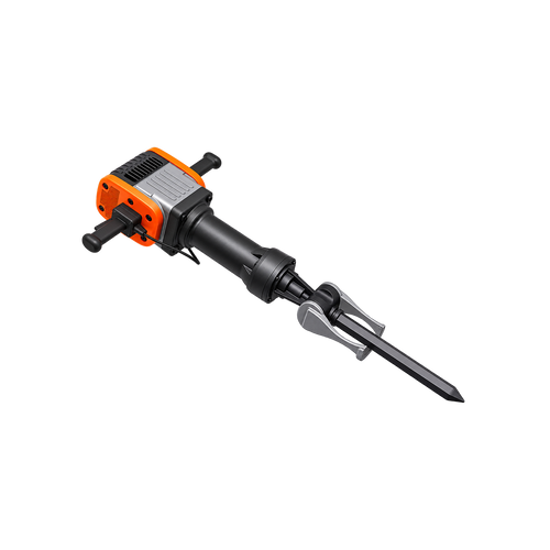 Orange-and-black demolition hammer with opposing handles, silver-coloured housing, and pointed chisel, full angled view.