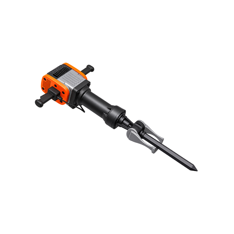 Orange-and-black demolition hammer with opposing handles, silver-coloured housing, and pointed chisel, full angled view.