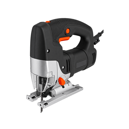 Black-and-orange corded electric jigsaw with silver housing, metal base plate, and transparent blade guard, three-quarter view.