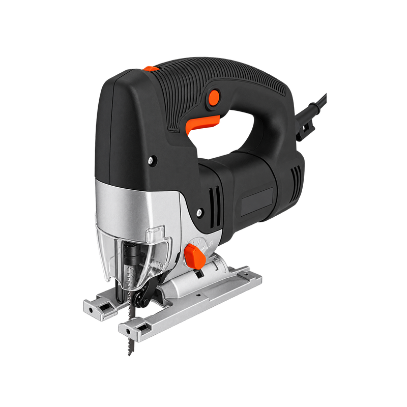Black-and-orange corded electric jigsaw with silver housing, metal base plate, and transparent blade guard, three-quarter view.