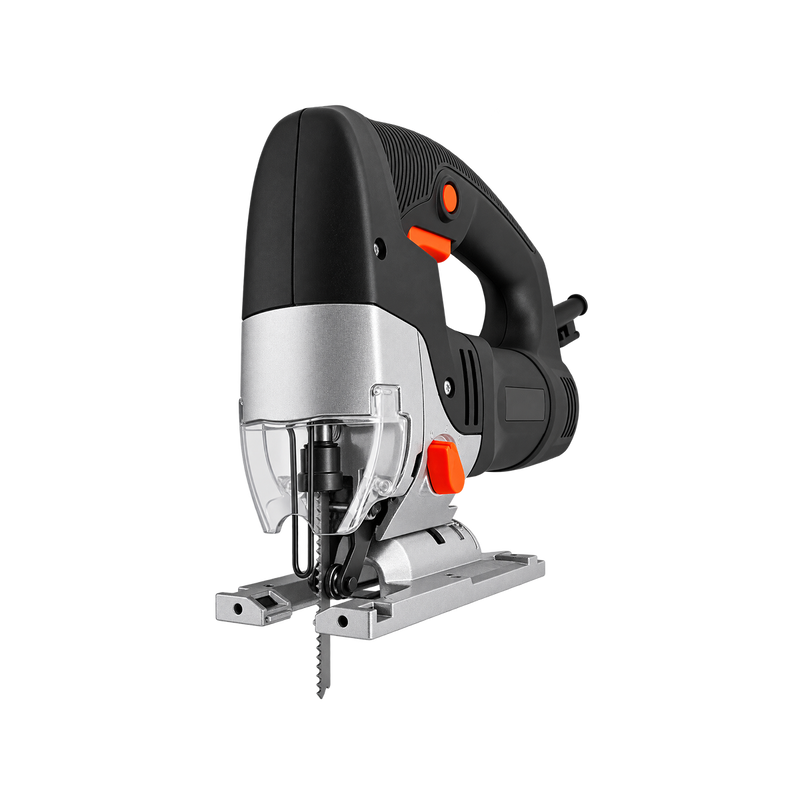 Front angled view of the black-and-orange corded electric jigsaw showing the blade, transparent guard, and metal base plate.